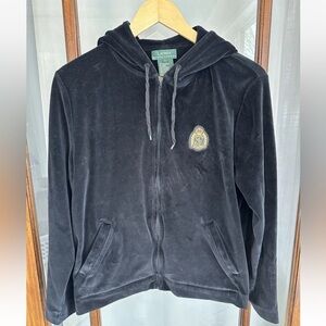 Lauren Ralph Lauren Womens Velour Full Zip Hoodie Gold Logo Size Large Black